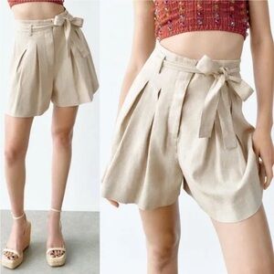 Zara Beige Belted Linen Blend  Hight Rise Shorts Size Medium  1687